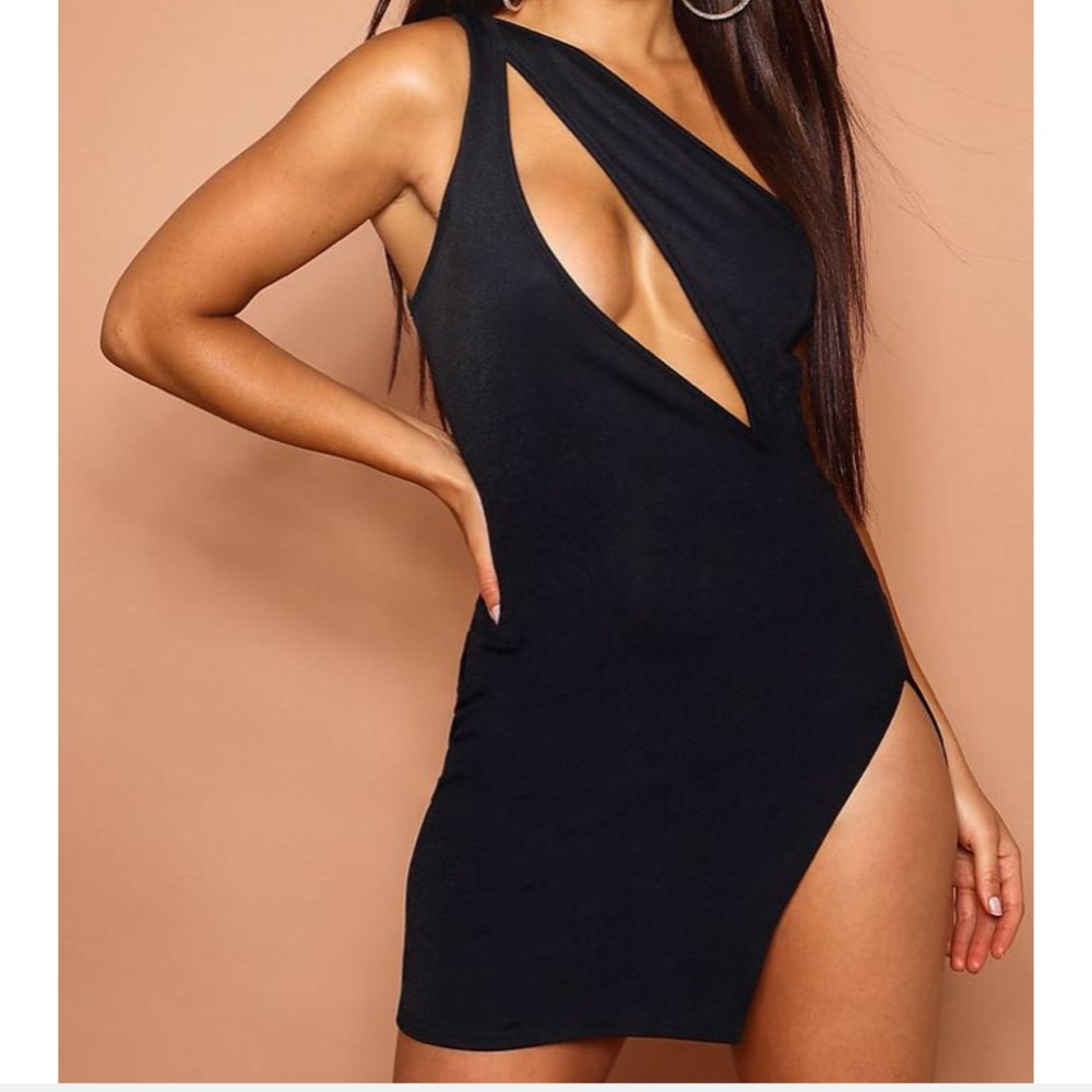 One shoulder body con dress with slit